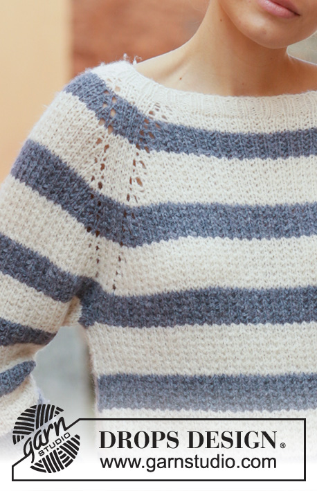 Sjøbris / DROPS 199-1 - Knitted jumper with raglan and stripes in DROPS Sky. The piece is worked top down. Sizes S - XXXL.