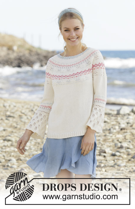 Relaxing in Reykjavik / DROPS 199-12 - Knitted jumper in DROPS Safran. The piece is worked top down with round yoke, Nordic pattern, lace pattern and ¾-length sleeves. Sizes S - XXXL.