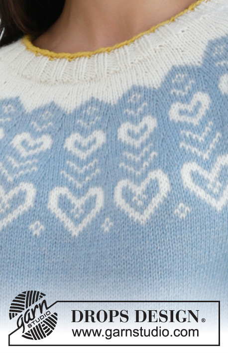 Dear to my Heart Sweater / DROPS 199-7 - Sweter na drutach, przerabiany od góry do dołu, z zaokrąglonym karczkiem i żakardem norweskim, z włóczki DROPS Merino Extra Fine. Od S do XXXL.