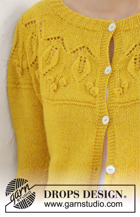 Summer Twinkle / DROPS 200-11 - Sweter rozpinany na drutach, przerabiany od góry do dołu z włóczki DROPS Flora, z wzorem liści, supełkami, zaokrąglonym karczkiem i rękawami ¾. Od S do XXXL.