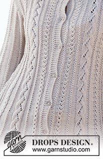 Victoria's Twirl / DROPS 200-8 - Strikket lang, innsvingt jakke i DROPS Cotton Merino. Arbeidet strikkes ovenfra og ned med hullmønster og fletter. Størrelse S - XXXL.