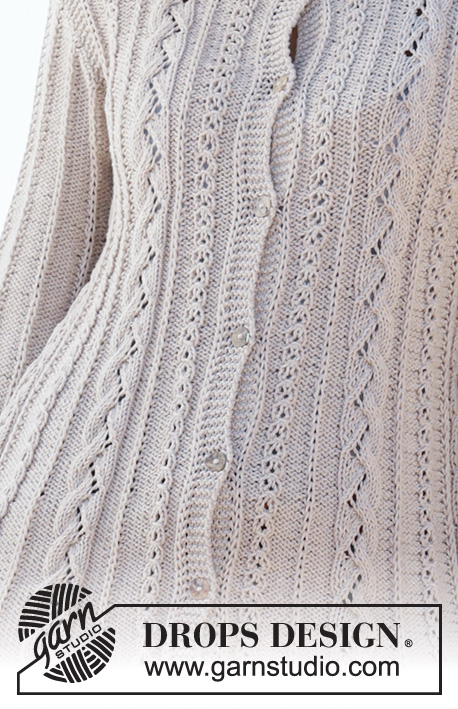Victoria's Twirl / DROPS 200-8 - Ylhäältä alas neulottu pitkä, vartalonmyötäinen jakku DROPS Cotton Merino -langasta. Työssä on pitsineuletta ja palmikoita. Koot S-XXXL.