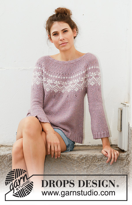Rosewood / DROPS 201-2 - Knitted jumper in DROPS Sky. The piece is worked top down with round yoke, Nordic pattern, A-shape and ¾-length sleeves. Sizes S - XXXL.