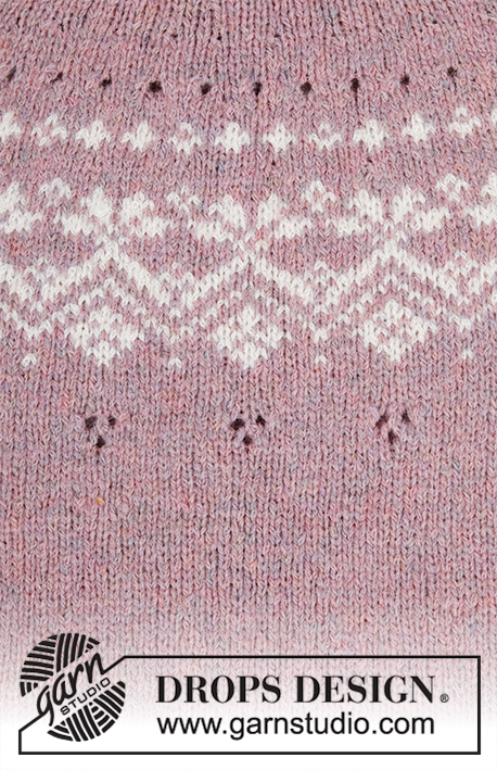 Rosewood / DROPS 201-2 - Sweter na drutach, przerabiany od góry do dołu, z zaokrąglonym karczkiem, żakardem norweskim, w kształcie trapezu, z rękawami ¾, z włóczki DROPS Sky. Od S do XXXL.