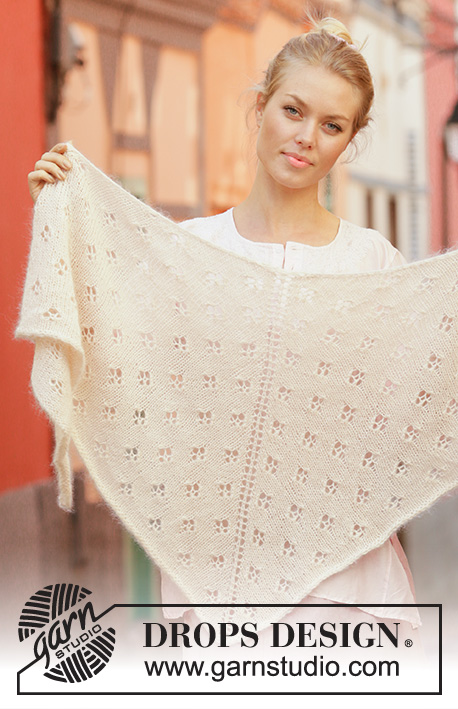 Ivory Dream / DROPS 201-20 - Knitted shawl in DROPS Kid-Silk and DROPS Baby Alpaca Silk. The piece is worked top down with lace pattern and stocking stitch.