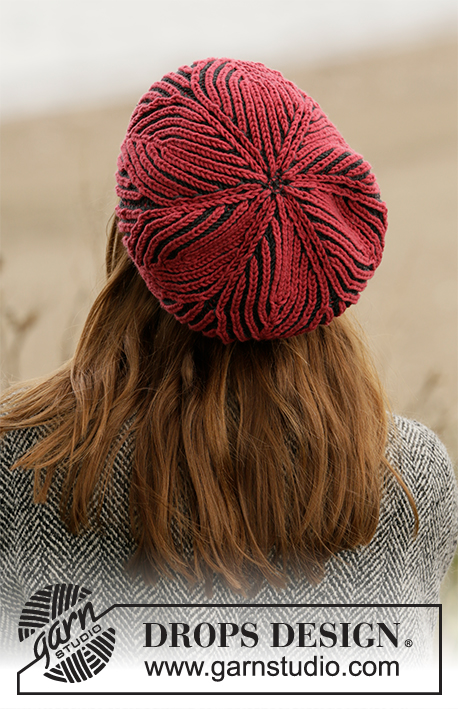 The Weekend Hat / DROPS 204-18 - Knitted beret in English rib with leaf pattern in 2 colours. Piece is knitted in DROPS Merino Extra Fine.