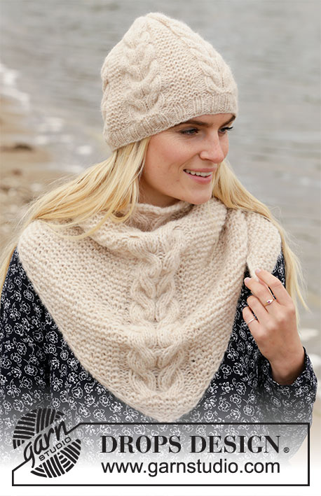 Prairie Winter / DROPS 204-49 - Knitted hat and shawl with garter stitch and cables in DROPS Air.