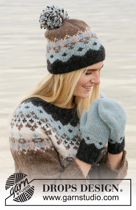 Winter Fjords Set / DROPS 204-51 - Knitted hat and mittens with Nordic pattern in DROPS Air.