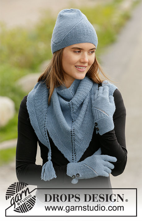 Business Ready / DROPS 204-55 - Knitted hat, shawl and gloves in DROPS Nord. The whole set is worked with textured pattern and lace pattern.