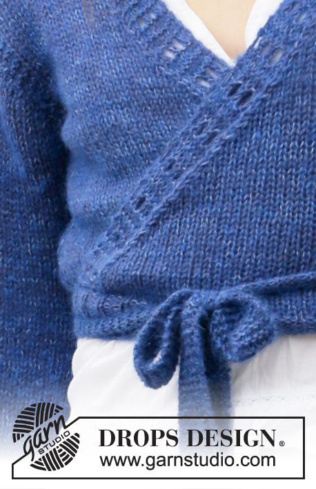 Ballet in Blue / DROPS 205-49 - Sweter na drutach z portfelowym przodem i bufiastymi rękawami, z włóczek DROPS Alpaca i DROPS Kid-Silk. Od S do XXXL.