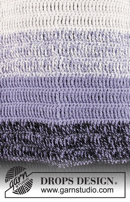 Purple Dawn / DROPS 206-13 - Sweter na szydełku przerabiany z góry na dół, w paski, 2 nitkami włóczki DROPS Alpaca. Od S do XXXL.