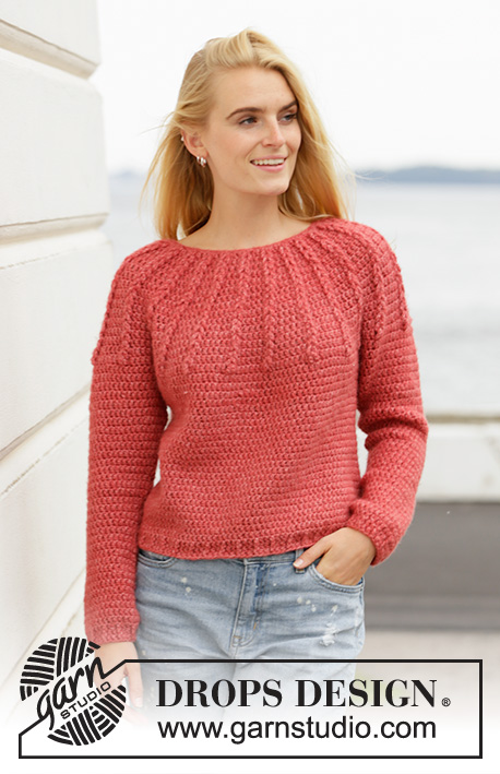 Blushing Embers / DROPS 206-33 - Crocheted jumper with round yoke in DROPS Air. The piece is worked top down with cable loops. Sizes S - XXXL.