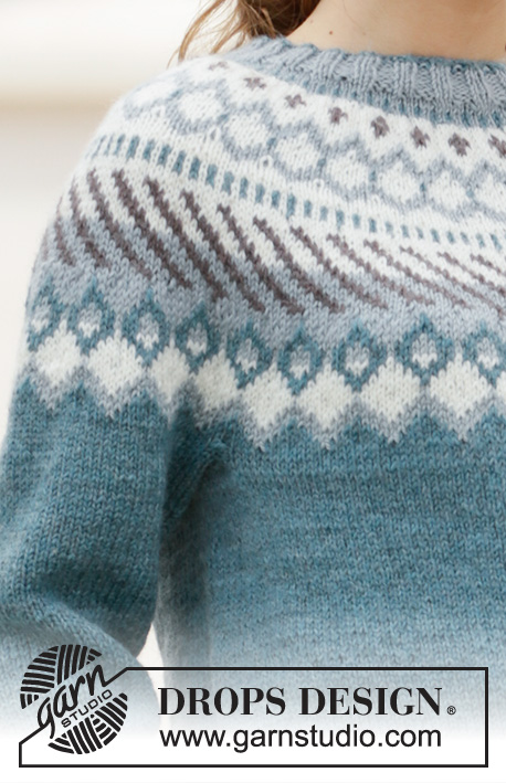 Crisp Air Sweater / DROPS 207-14 - Strikket bluse med rundt bærestykke og nordisk mønster i DROPS Karisma. Arbejdet strikkes oppefra og ned. Størrelse S - XXXL.