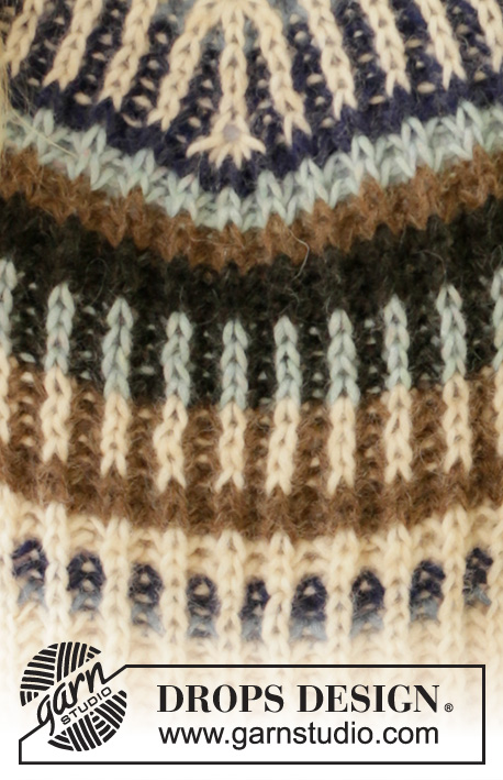 Urban Autumn / DROPS 207-26 - Sweter na drutach, przerabiany od góry do dołu i czapka ściegiem angielskim jedno i wielokolorowym w paski, z włóczki DROPS Air. Od S do XXXL.