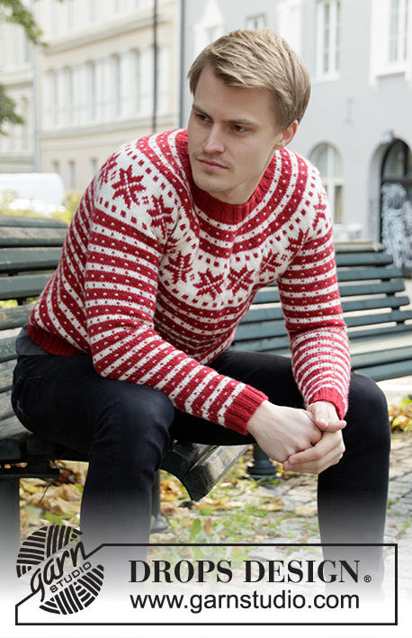 Candy Cane Lane / DROPS 208-5 - Męski sweter na drutach przerabiany od góry do dołu, z zaokrąglonym karczkiem i żakardem norweskim, z włóczki DROPS Karisma lub DROPS Lima. Od S do XXXL