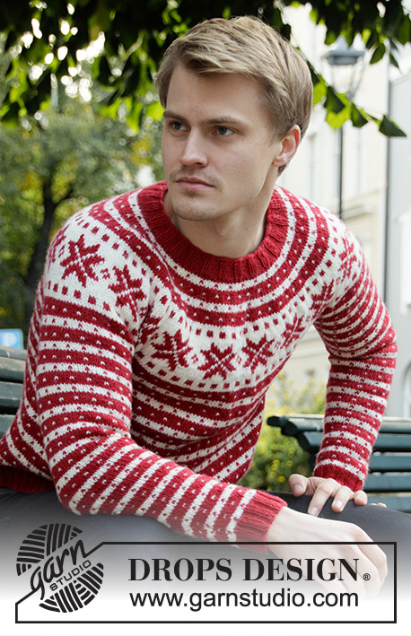 Candy Cane Lane / DROPS 208-5 - Pánský pulovr s kruhovým sedlem s norským vzorem pletený shora dolů z příze DROPS Karisma nebo DROPS Lima. Velikost: S - XXXL