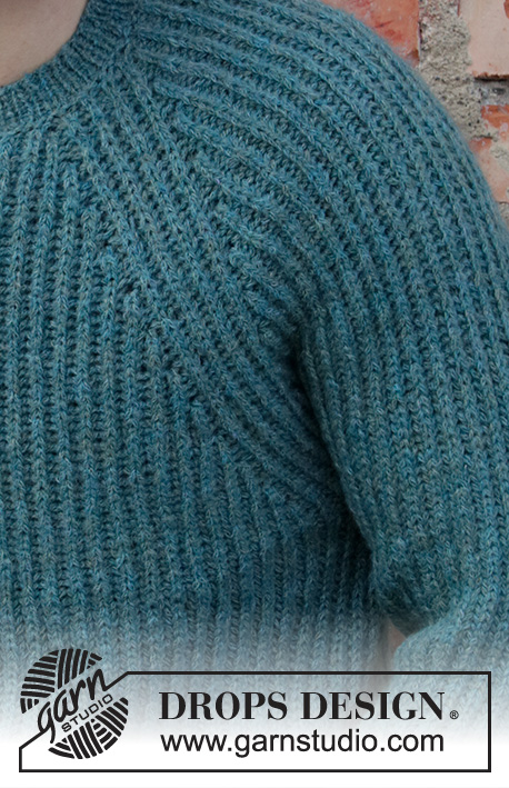 Lagoon / DROPS 208-9 - Męski sweter na drutach, przerabiany od góry do dołu, ściegiem angielskim, z reglanowymi rękawami z włóczki DROPS Sky. Od S do XXXL
