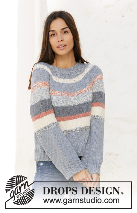 Sailors Sweater / DROPS 210-27 - Knitted jumper with round yoke and stripes in 2 strands DROPS Sky. Sizes S - XXXL.