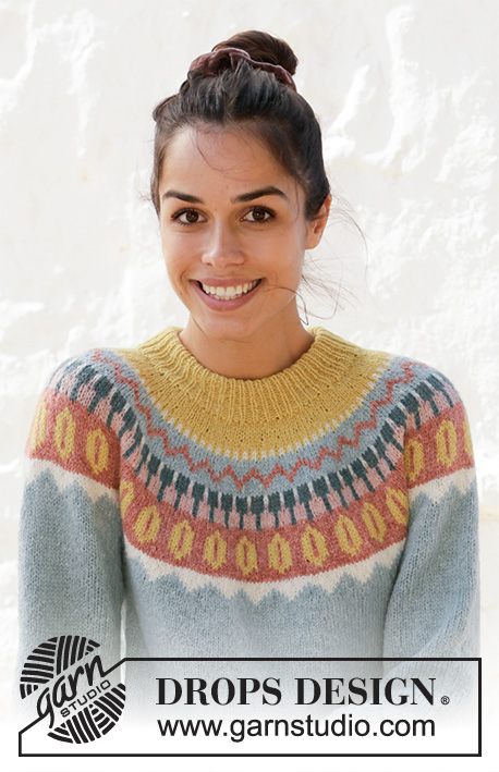 Retro beauty / DROPS 210-6 - Knitted jumper with round yoke in DROPS Sky. The piece is worked top down with multi-coloured pattern. Sizes S - XXXL.
