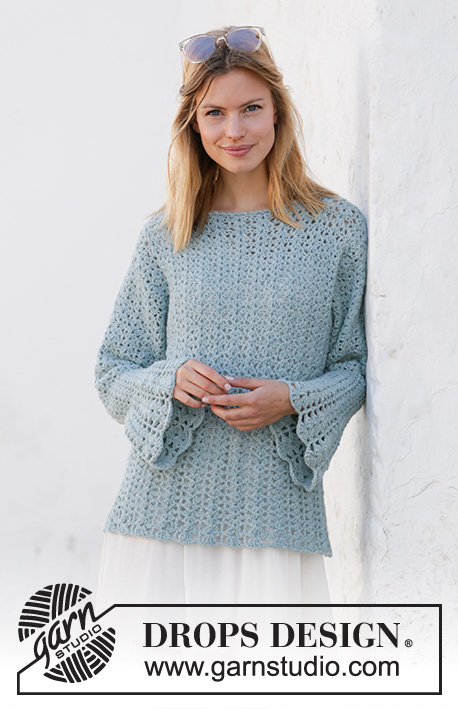 Mermaid Magic / DROPS 210-7 - Crocheted jumper in DROPS Sky. Piece is crocheted top down with A-shape, fan pattern and wing sleeves. Size XS/S - XXXL.