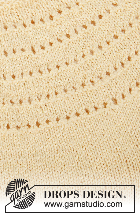 Sunny Shoulders / DROPS 213-23 - Gebreide trui met ronde pas in DROPS BabyAlpaca Silk. Het werk wordt gebreid van boven naar beneden met kantpatroon, ribbelsteek en ¾ mouwen. Maat: S - XXXL