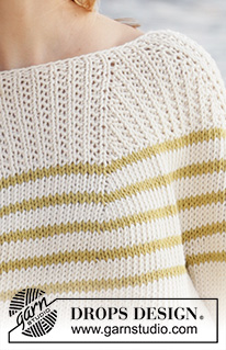 Breaking Sunlight / DROPS 213-36 - Sweter na drutach, przerabiany od góry do dołu, z włóczki DROPS Paris, z zaokrąglonym karczkiem, w paski i ściegiem strukturalnym. Od S do XXXL.