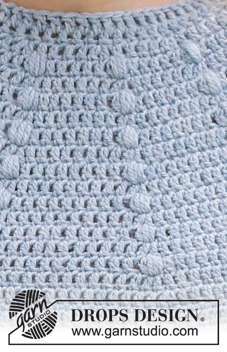 Rain Dance / DROPS 216-17 - Sweter na szydełku, przerabiany z góry na dół, z zaokrąglonym karczkiem i wzorem puff stitch (bufki), z włóczki DROPS Nepal. Od S do XXXL