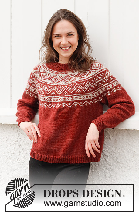 Outdoor Christmas / DROPS 217-11 - Knitted sweater in DROPS Karisma. The piece is worked top down with round yoke and Nordic pattern on the yoke. Sizes S - XXXL.