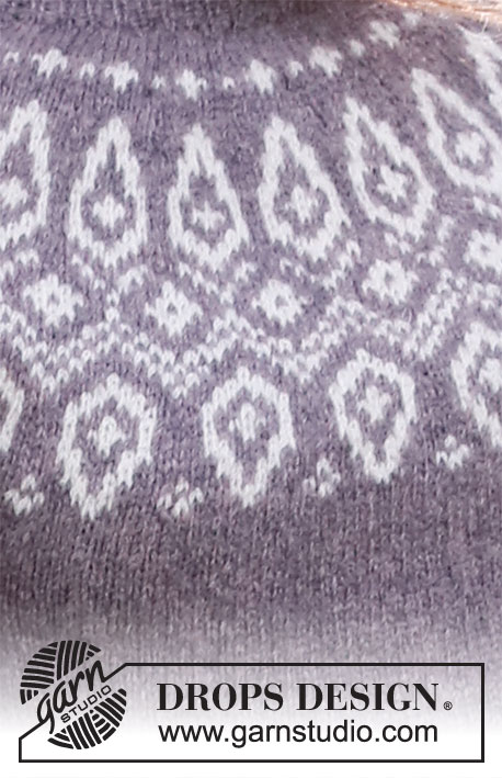 Iced Petals / DROPS 218-5 - Sweter na drutach, przerabiany od góry do dołu, z zaokrąglonym karczkiem i żakardem norweskim z włóczki DROPS Sky. Od S do XXXL.