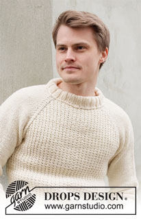 Budding Warmup / DROPS 219-10 - Męski sweter na drutach, przerabiany od góry do dołu ściegiem strukturalnym i dżersejem, z reglanowymi rękawami, z włóczki DROPS Alaska. Od S do XXXL