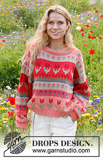 Spring Garden / DROPS 22-2 - Sweter na drutach z włóczki DROPS Paris, z żakardem w kwiaty.