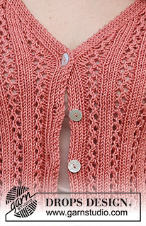 Coral Gables Cardigan / DROPS 220-28 - Top – propínací svetr s ažurovým vzorem, V-výstřihem a krátkým rukávem pletený z příze DROPS Muskat. Velikost: S - XXXL
