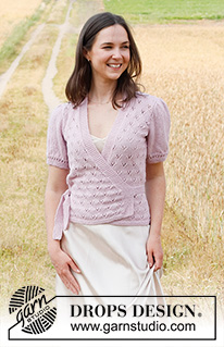 Flower Wish Wrap / DROPS 222-13 - Knitted wrap-around jacket in DROPS Flora. The piece is worked with lace pattern and short puffed sleeves. Sizes S - XXXL.