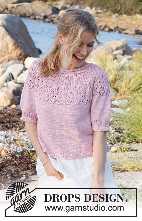 Now and Forever / DROPS 222-34 - Knitted jumper in DROPS Merino Extra Fine. Piece is knitted top down with rolling edge in the neck, round yoke, lace pattern on yoke and short sleeves. Size: S - XXXL