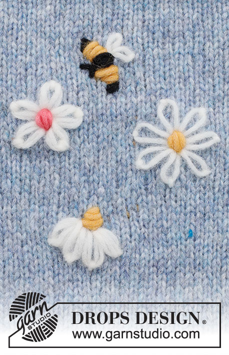 Bee Season / DROPS 222-44 - Kwiaty i pszczoły wyszywane włóczką DROPS Air. Kwiaty są wyszywane łańcuszkiem i węzełkiem ściegiem za igłą. Pszczoła jest wyszywana ściegiem płaskim, ze skrzydełkami łańcuszkiem. 
Temat: haft.