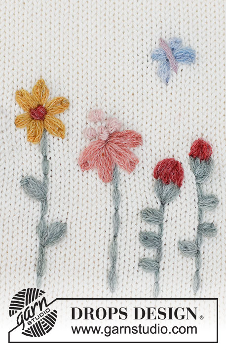 Floral Love / DROPS 222-48 - DROPS SKY lõngaga tikitud ahelpistetega ja prantsuse sõlmedega ja tikkpistetega lilled ja liblikas . Teema: tikkimine