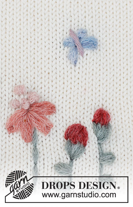 Floral Love / DROPS 222-48 - DROPS SKY lõngaga tikitud ahelpistetega ja prantsuse sõlmedega ja tikkpistetega lilled ja liblikas . Teema: tikkimine