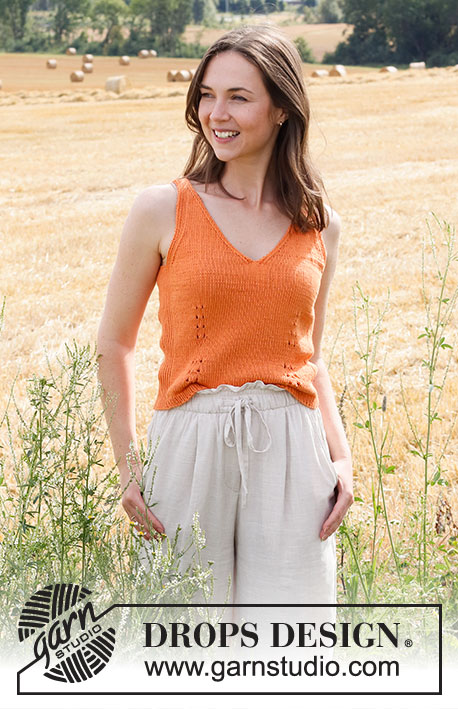 Citrus Sun / DROPS 223-30 - Knitted top in DROPS Safran. The piece is worked in stocking stitch, with V-neck, ribbed edges and small lace sections. Sizes S - XXXL.