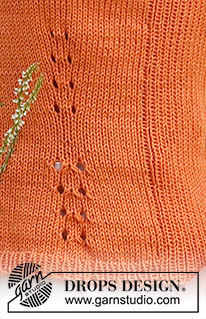 Orange Zest / DROPS 223-33 - Strikket topp i DROPS Safran. Arbeidet strikkes i glattstrikk med kanter i vrangbord og innsnitt med hullmønster. Størrelse S - XXXL.