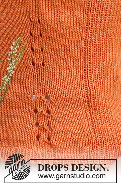 Orange Zest / DROPS 223-33 - Gestricktes Top in DROPS Safran. Die Arbeit wird glatt rechts mit Blenden im Rippenmuster und Taillierung mit Lochmuster gestrickt. Größe S - XXXL.