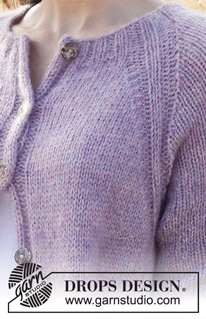 Lavender Pocket / DROPS 223-36 - Sweter rozpinany na drutach, przerabiany od góry do dołu, z reglanowymi rękawami ¾ ściągaczem, z włóczki DROPS Air. Od S do XXXL.