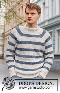 Sjøbris / DROPS 224-1 - Męski sweter na drutach, przerabiany od góry do dołu, z reglanowymi podkrojami rękawów, w paski i ściegiem strukturalnym, z włóczki DROPS Sky. Od S do XXXL.