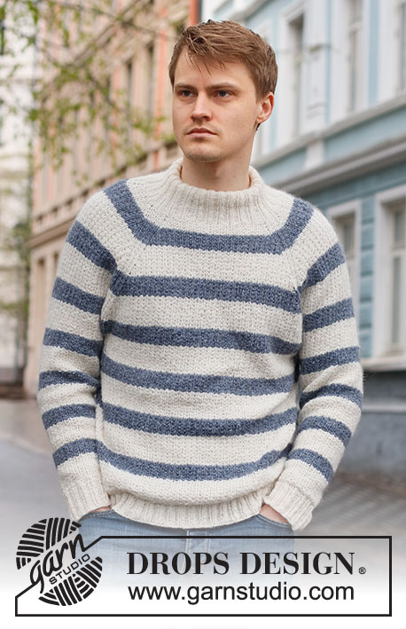 Sjøbris / DROPS 224-1 - Męski sweter na drutach, przerabiany od góry do dołu, z reglanowymi podkrojami rękawów, w paski i ściegiem strukturalnym, z włóczki DROPS Sky. Od S do XXXL.