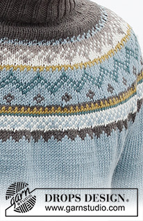 Edge of the Woods / DROPS 224-20 - Męski sweter na drutach, przerabiany od góry do dołu, z podwójnym wykończeniem dekoltu, zaokrąglonym karczkiem i żakardem norweskim, z włóczki DROPS Merino Extra Fine. Od S do XXXL.