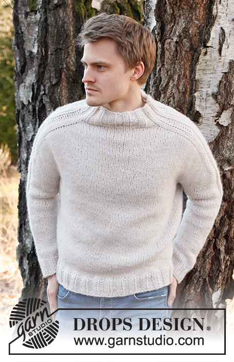 Frost Light / DROPS 224-22 - Męski sweter na drutach, przerabiany od góry do dołu, z rękawami typu saddle shoulder i brzegami ściągaczem, z włóczki DROPS Wish. Od S do XXXL.
