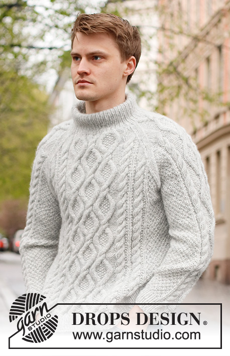 Stone Cables / DROPS 224-4 - Knitted jumper for men in DROPS Air. The piece is worked with raglan, cables and double neck. Sizes S - XXXL.