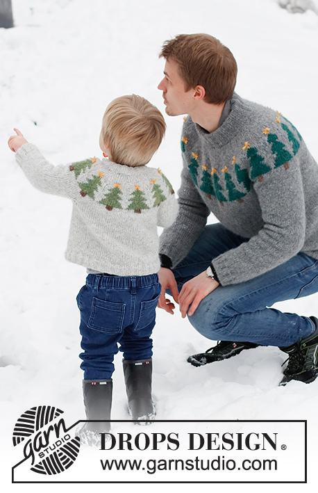 Merry Trees / DROPS 224-6 - Męski sweter / świąteczny sweter na drutach, przerabiany od góry do dołu, z zaokrąglonym karczkiem i żakardem w choinki, z włóczki DROPS Air. Od S do XXXL. Temat: Boże Narodzenie.
