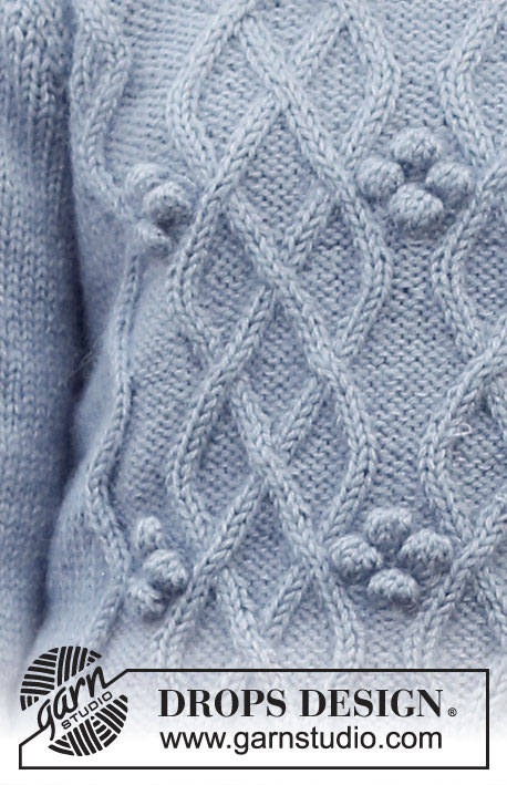 Frosted Fruit Sweater / DROPS 226-23 - Stickad tröja i DROPS Lima och DROPS Kid-Silk. Arbetet stickas uppifrån och ner med flätor, muscher och dubbel halskant. Storlek S - XXXL.