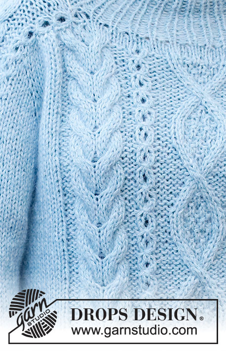 Sky Feather Sweater / DROPS 226-46 - Gebreide trui in DROPS Sky en DROPS Kid-Silk. Het werk wordt gebreid van boven naar beneden met zadelschouders en kabels. Maat: S - XXXL