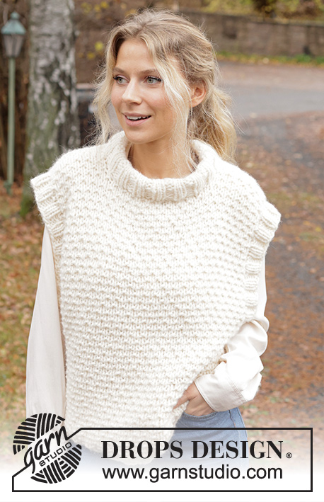 Camilla Slipover / DROPS 226-60 - Colete tricotado em DROPS Wish. Tricota-se com ponto texturado, orlas em canelado e gola dobrada. Do S ao XXXL.